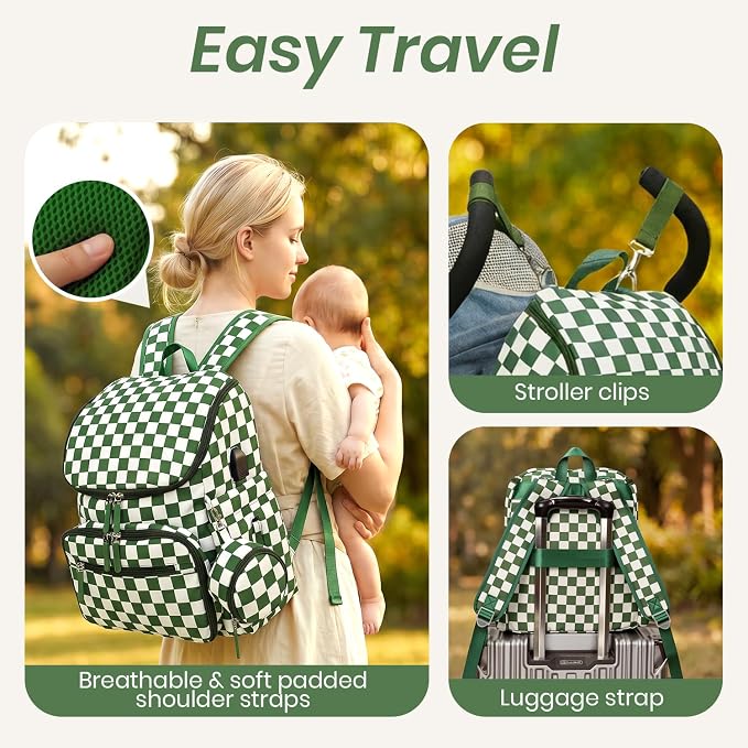 FHELAD Checkered Diaper Bag Backpack with Changing Pad & Stroller Clips | Baby Diaper Bag, Baby Shower Gifts, 4 Insulated Bottle Holders, Wet Wipe Pocket, Luggage Strap - Image 6