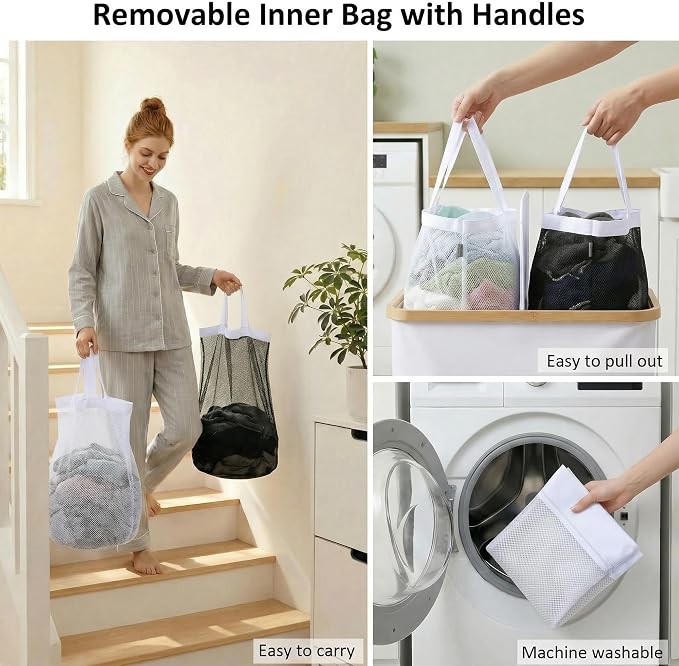 efluky Laundry Hamper with Lid, Double Laundry Basket with 2 Removable Bags, 2 Section Laundry Bin with Bamboo Handles for Bathroom, Bedroom & Laundry Room, 140L (36.9 Gallon) White - Image 5