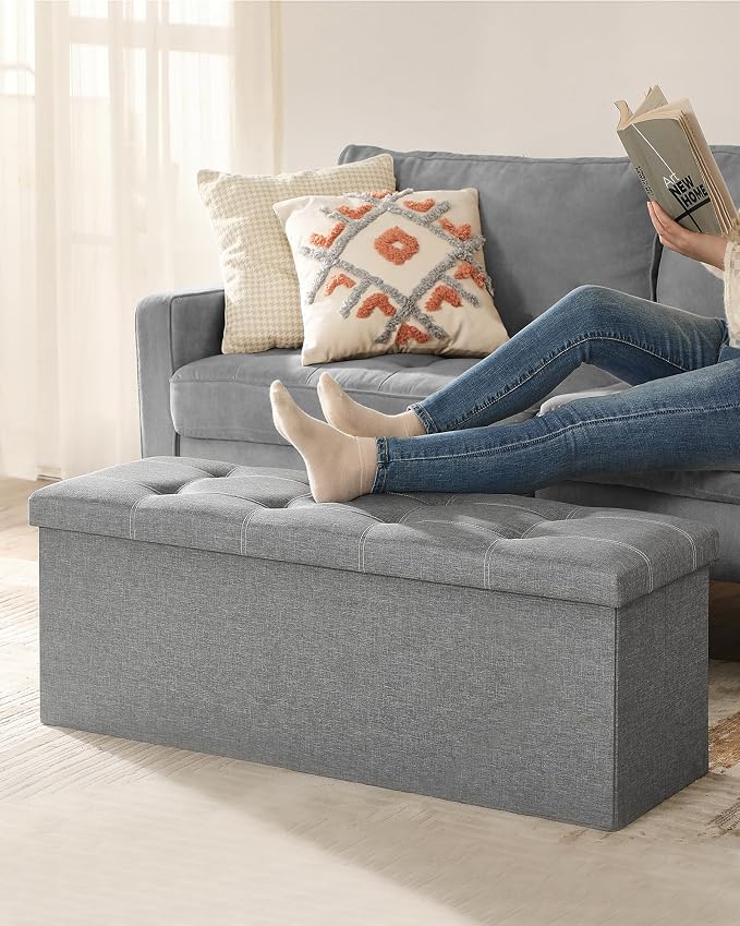 SONGMICS MAZIE Collection - 43 Inches Ottoman Storage Bench, 35 Gal. Folding Chest with Breathable Linen-Look Fabric, Load up to 660 lb, for Entryway, Living Room, Bedroom, Light Gray ULSF077G05 - Image 8