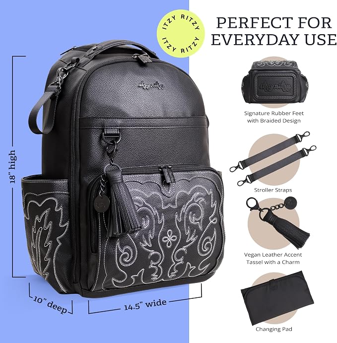Itzy Ritzy Boss Plus Diaper Bag Backpack with 19 Pockets (Outlaw Black) | Large Diaper Bag Backpack Includes 2 Insulated Bottle Pockets, Changing Pad, Stroller Clips, Padded Straps, Travel-Ready - Image 3