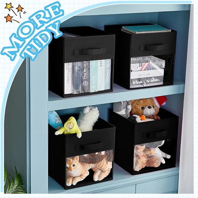 Marsui 12 Pcs Clear Cube Storage Bins Black Collapsible Kids Storage Bins Fabric Classroom Organizer with Window for Kid Playroom Room Daycare Nursery - Image 4