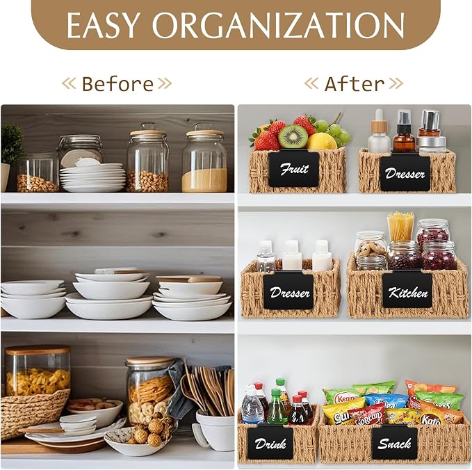 Marsui 9 Pcs Paper Rope Storage Baskets with Handle Labels Handwoven Multi-size Primary Color Storage Bins for Organizing Small Baskets Container for Shelves Closet Pantry Toilet - Image 6