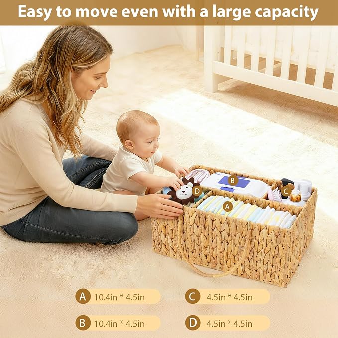 Large Baby Diaper Caddy Organizer, Handwoven Water Hyacinth Storage Basket, Portable Wicker Car Diaper Storage Bin for Nursery and Travel - Image 7