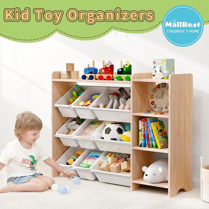 MallBest Kids Toy Storage Organizer with Bins, Solid Pine Wood Frame Toy Storage Cabinet and Kids Bookshelf, 3-Tier Playroom Organizer for Kids Room, Nursery and Bedroom, Natural - Image 4
