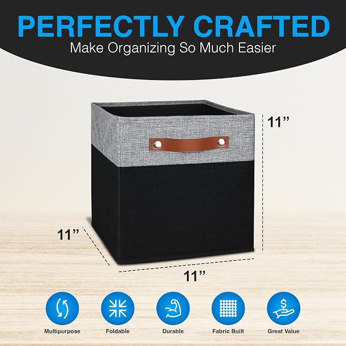 11 Inch Cube Storage Bin - 6 Pack - Linen Fabric 11x11 Cube Storage Bins for Bedroom, Living Room, Clothes and Toys; Foldable, Dual Leather Handles - Image 3