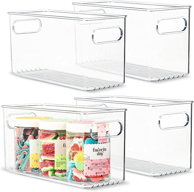 Plastic Food Storage 4 Pack Clear Container Bin with Handles for Organizing Kitchen, Pantry, Refrigerator, Freezer, Pantry, Cabinet, Closet, Bathroom. 10”x4”x5” by primebox