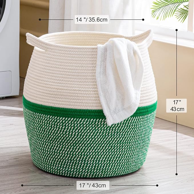 KAKAMAY Woven Baskets for Storage(17"x17"),Large Cotton Rope Woven Baby Laundry Hamper,Collapsible Laundry Basket, Blanket Basket for Organizing Living Room,Nursery,Pillows,Toy Chest(Green) - Image 6