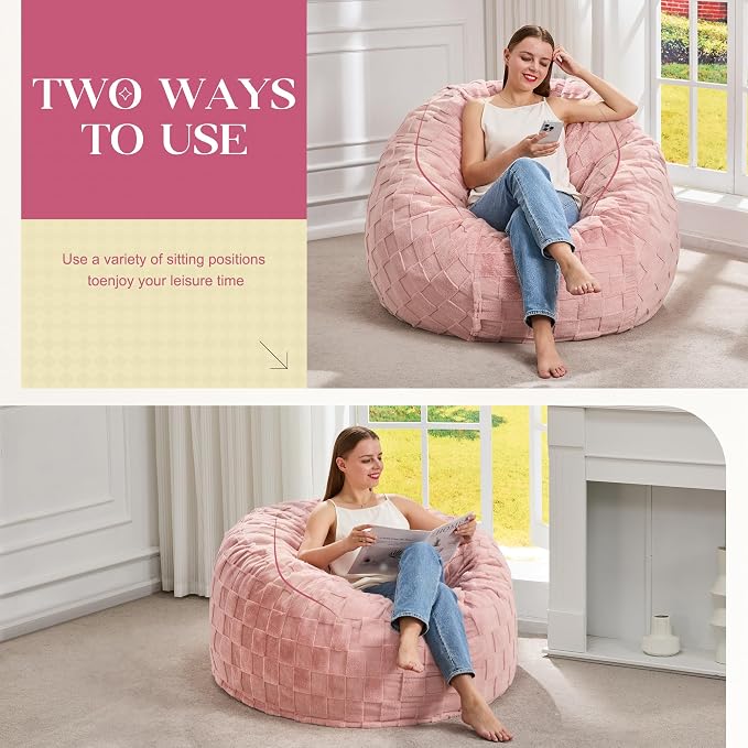 Hobestluk Large Bean Bag Chairs 3FT Big Adults BeanBag Chairs Plaid Cover | Memory Foam,Washable Cover,Unique Fluffy Plaid,Comfy Adults Bean Bag with Filler Gaming Reading Bedroom Dorm Room | Pink 3FT - Image 3