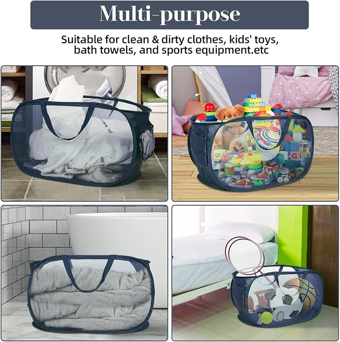 Durable Collapsible Laundry Baskets, Mesh Pop Up Laundry Hamper with Side Pocket, Foldable Clothes Storage Hamper with Reinforced Carry Handles for Laundry, Bathroom, Kids Room, Dorm or Travel Navy - Image 7