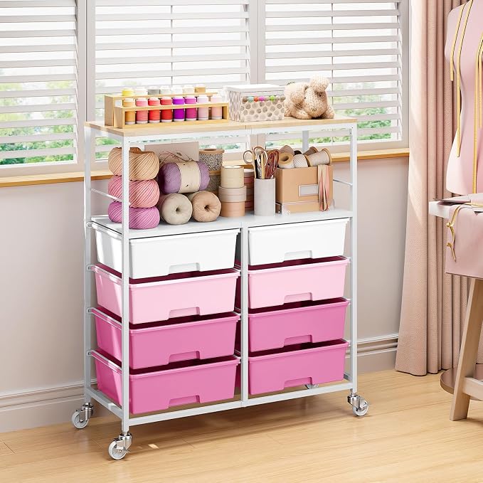 Rolling Storage Cart with 8 Large Drawers, Wooden Tabletop | Open Storage Shelves, Mobile Craft Organizer with Lockable Wheels for Home, Classroom, Office Supplies & Art Studio,Pink - Image 2