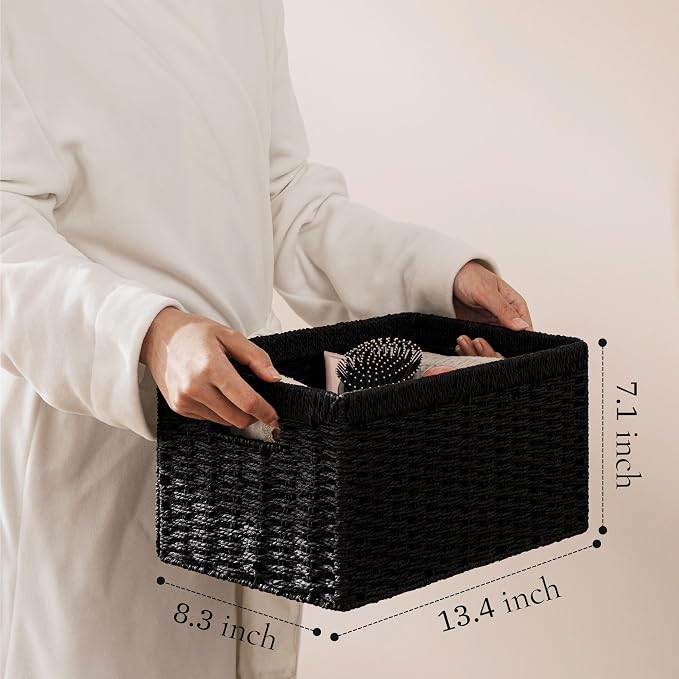 UBBCARE 4 Pack Wicker Basket, 13.4L×8.3H×7.1W inch Woven Paper Rope Storage Baskets for Shelves, Foldable Rectangular Storage Baskets with Handle, Storage Basket for Organizing, Black - Image 3