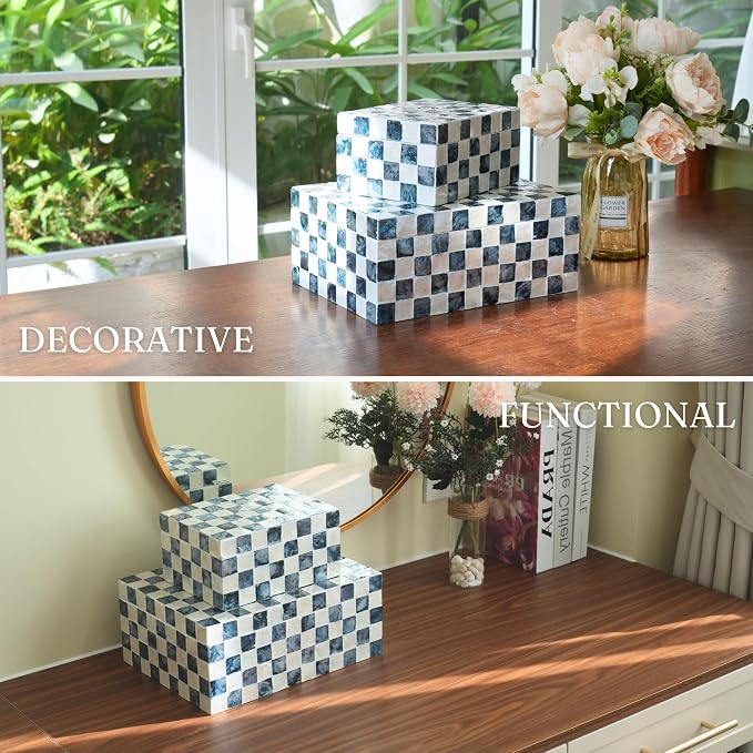 12"x8" Decorative Capiz Boxes Keepsake Trunk, Navy Blue, Set 2 | Handmade capiz inlaid keepsake boxes for photos, blue checkered boxes, checkered box decor, blue storage box for bedroom - Image 6