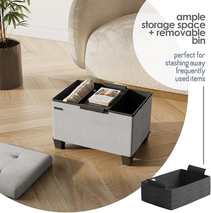 Storage Ottoman Cube with Small Bin, 16-in Square Ottoman with Storage for Living Room and Bedroom, Small Ottomans Foot Rest, Fabric Foot Stools Ottomans Max 330lbs, Light Grey - Image 3