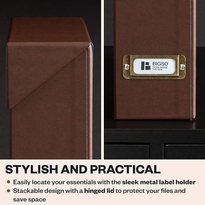 Bigso Lovisa Fiberboard Document Storage Box with 12 Folded Files for A4 and Letter Size Papers - Durable File Organizer Box with Lid and Label Holder - W3.7 x D13 x H9.4 (inches) - Recycled Leather - Image 5