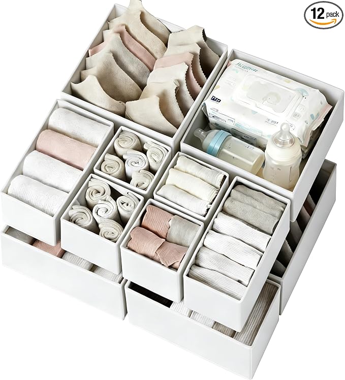 Drawer Organizer Clothes 12 Pack - Fabric Closet Organizers and Storage for Nursery Organization - Dresser Drawer Dividers for Baby Clothes/Socks/Underwear/Bras - College Dorm Room Essentials by Criusia