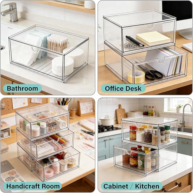 Prsildan Acrylic Makeup Organizer, 2 Pack Stackable Clear Storage Drawers for Baby Bottles Desk Organizers with 2 Drawers for Countertop Vanity Nursery Modular System for Cosmetics Jewelry - Image 4