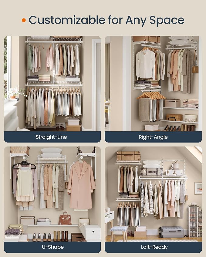 SONGMICS HOME Closet System, Closet Insert Organizer, 3-6 ft Closet Shelves | Adjustable Metal Shelving Unit, 2 Hanging Rods, 4 Shelves, Hooks, Pearl White and Cloud White, PATRIA Collection URGR031W01 - Image 4
