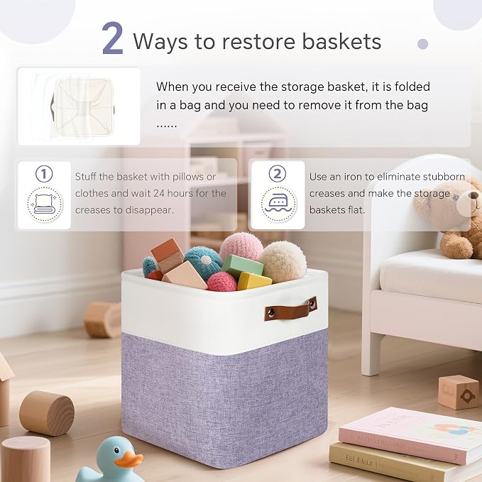 FinishingBo 11 inch Cube Storage Bin 6 Pack, Cube Organizer Bins | Fabric Storage Bins With Handles, 11x11 Storage Cubes, Shelf Basket, White/ Purple - Image 6