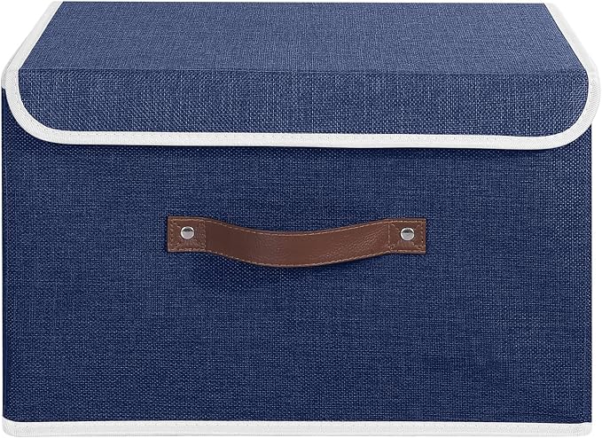 ANMINY Fabric Storage Box Bins with Lids, Blue, 15"x10"x10" | Keepsake Memory Storage, Cotton Linen, PP Board Reinforced, Washable, PU Handles, Foldable & Stackable, Decorative, Large - Image 2