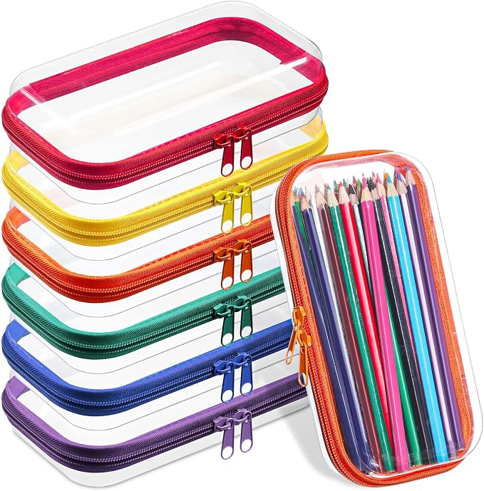 Sanwuta 6 Clear Hard Zipper Case,Assorted Color, 7.48 x 3.94 x 2 Inch | Pencil Case Pouches ,Makeup Bag,Plastic Toiletry Diaper Bag ,Travel Toy Storage,Waterproof Organizer Bins by Sanwuta