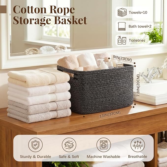 OIASKET 4Packs Natural Cotton Rope Storage Baskets for Organizing Toys, Clothes, Towels & Books, Soft Versatile Organizers for Shelves, Home Decorative Bins, 13''Lx9''Wx7.8''H, Black and White - Image 2