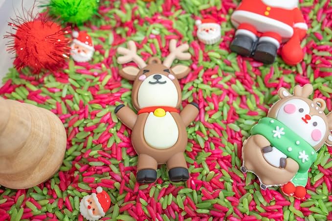 Christmas Sensory Bin Kit for Kids | Christmas Theme Red & Green Rice, Xmas Accessories, Santa Claus & Wooden Tools – Includes Clear Storage Bin - Image 5