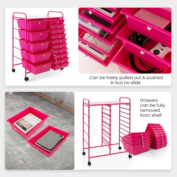 Moccha 15-Drawer Rolling Storage Cart - Under Desk Storage Drawers with wheels for Craft Art Supply Paper Salon, Scrapbook Paper Tools, Mobile Utility Cart for Classroom (15 Drawers, Hot Pink) - Image 4