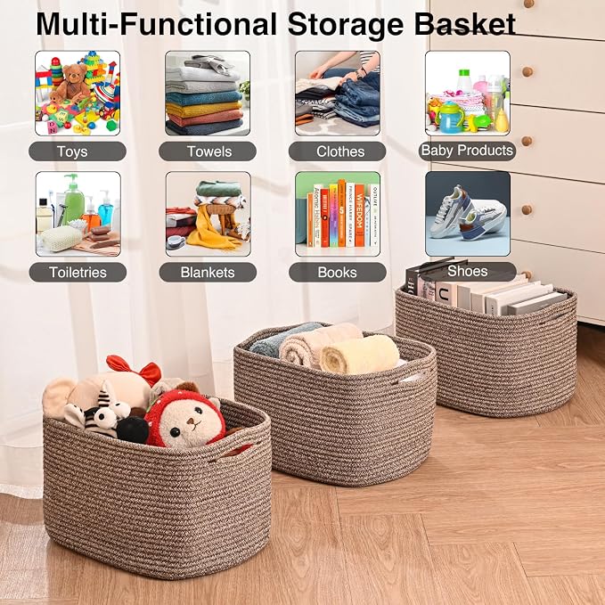ICERZCZ Storage Baskets for Organizing Shelves, Woven Cotton Rope Bins for Baby Nursery Organization, Book Toy Towel Organizer, 15"x11"x9.5", 3 Packs, Dark Brown - Image 4