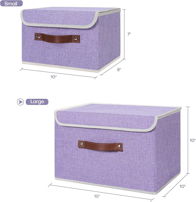 ANMINY Fabric Storage Box Bins with Lids, Purple, 15"x10"x10" | Keepsake Memory Storage, Cotton Linen, PP Board Reinforced, Washable, PU Handles, Foldable & Stackable, Decorative, Large - Image 5