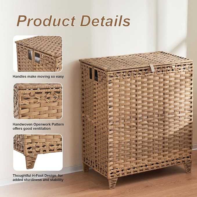 Laundry Hamper with Lid, 190L Large Laundry Basket 3 Section with 6 Removable Liner Bags & 3 Mesh Laundry Bags, Handwoven Rattan Clothes Hamper with Heightened Feet, No Install Needed, Natural - Image 6
