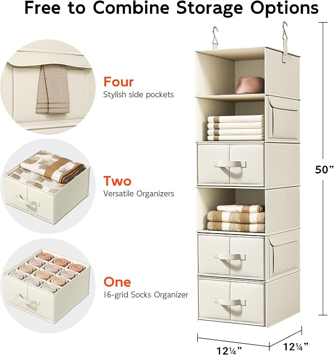 6-Shelf Hanging Closet Organizer with 3 Fabric Drawers, Beige | Removable Fabric Drawers, Side Pockets, Reinforced Structure, Space-Saving Storage for Clothes, Nursery and Dorm Rooms - Image 3