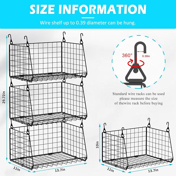 3-Pack Hanging Laundry Room Organizaton：Foldable Laundry Basket Wire Basket with 360°Rotating Hooks Small Space Organization Over Washer and Dryer Shelves - Hanging Closet Organizer, Black Patent - Image 6