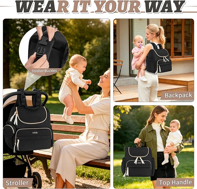Small Diaper Bag, 22L Stylish Baby Mini Maternity Travel Backpack | with Changing Pad, Pacifier Bag, Stroller Straps Parents Essentials for Outdoor Trip Hospital & Daily Work, Black - Image 6
