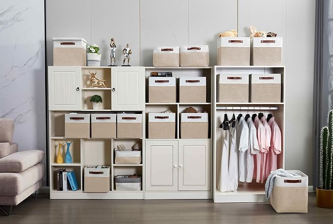 DECOMOMO Kallax Storage Cubes, Storage Baskets for Shelves 3-Pack | 13 x 15 x 13 Storage Bins, Baskets for Organizing Shelves (Beige & White) - Image 9