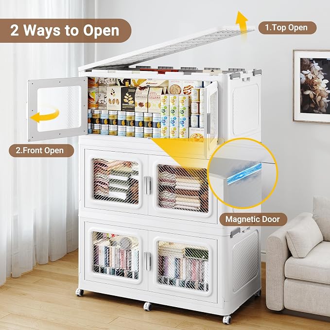 BROVIEW 660 Qt/165 Gal Stackable Storage Bins with Lids, 3 Pack, White | Large Stackable Storage Boxes w/ 3 Lid Folding Plastic Cart Organizer for Home Kitchen, Open Front Clear Door with Wheels - Image 6