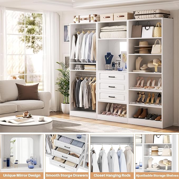 Unikito 75" Modular Closet System with 3 Sets, Mirror & Drawers, White | Hanging Rods & Adjustable Shelves, Freestanding Wood Wardrobe Garment Rack, Walk in Tower Clothes Storage Organizer Unit - Image 3