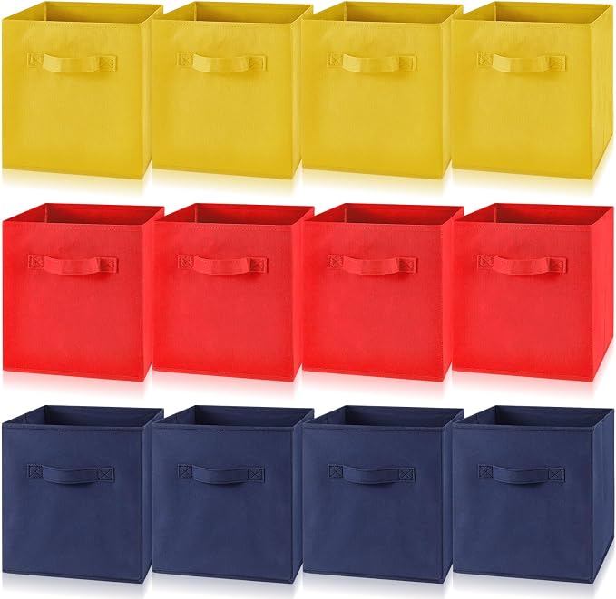 Yinder 12 Pcs Cube Storage Bin 10.5''x10.5''x11'' Storage Bins for Playroom Decor Colorful Bins for Kids Foldable Baskets for Nursery Organizer Boxes Fabric Boxes(Navy Blue, Red, Yellow) by Yinder