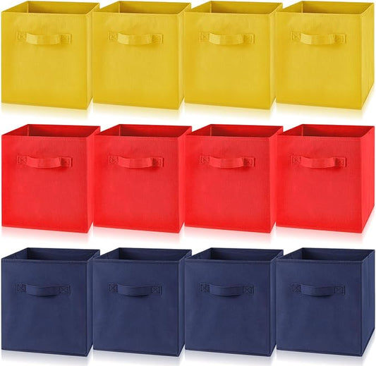 Yinder 12 Pcs Cube Storage Bin 10.5''x10.5''x11'' Storage Bins for Playroom Decor Colorful Bins for Kids Foldable Baskets for Nursery Organizer Boxes Fabric Boxes(Navy Blue, Red, Yellow) by Yinder
