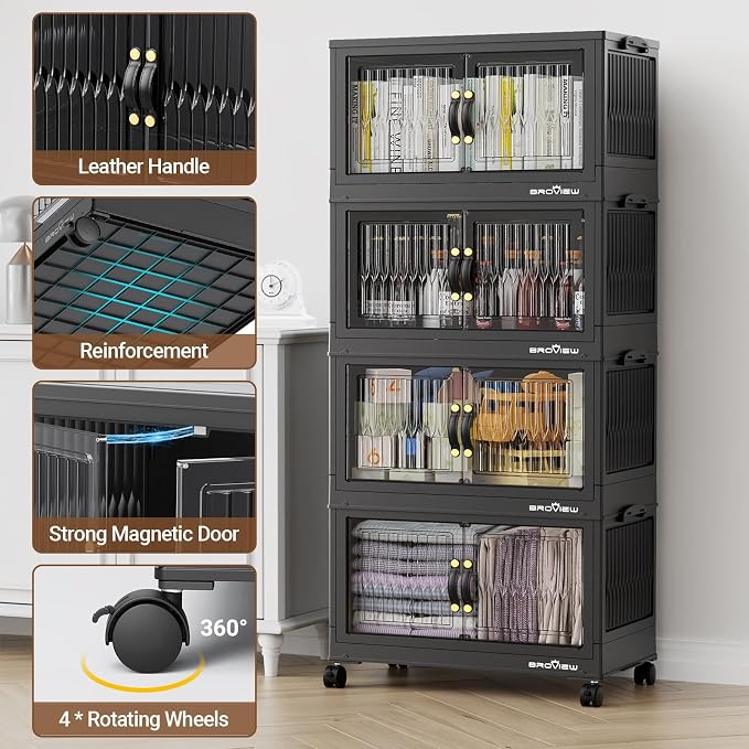 BROVIEW 300Qt Stackable Storage Bins with Lid, Extra Large Closet Organizer Collapsible Drawer Boxes with Wheels, Folding Plastic Cabinet Containers for Home Kitchen Room Organization, 5Pack Black - Image 3