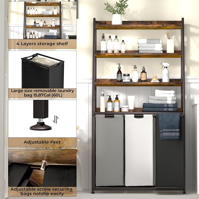 Herture Laundry Basket, 3 Section Laundry Hamper with 4 Tiers Shelf, Pull-Out and Removable Laundry Bags, Large 3 x 15.87 Gallons, for Laundry Room Bathroom Rustic Brown PF05XLN - Image 2