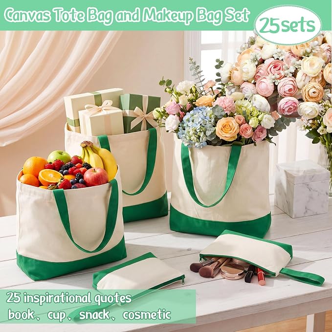 Sanwuta 30 Pcs Canvas Tote Bags Bulk with Zipper Cosmetic Pouch,Green | 18.5" Reusable Cotton Shopping Bag with Handle for DIY Craft - Image 5