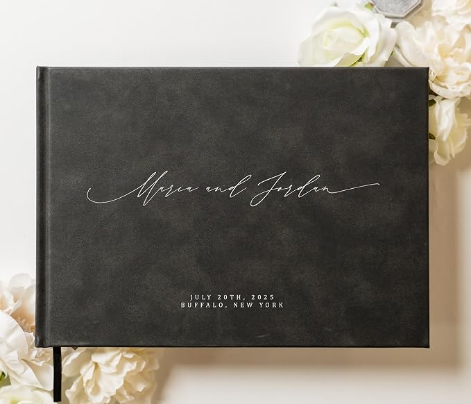 Personalized Guestbook in Charcoal - 11.5 x 8.5 Custom Hardcover Book for Wedding Reception Guests to Sign, Photobooth Album w/ Blank 140gsm Pages, Includes Ribbon Bookmark, Customized Names & Date - Image 2
