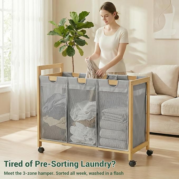 250L Laundry Sorter Cart with Wheels, 3-Section Rolling Laundry Basket with Removable Bags, 66 Gal Large Laundry Hamper Organizer, Heavy Duty Bamboo Frame, Water-Resistant, Grey - Image 4