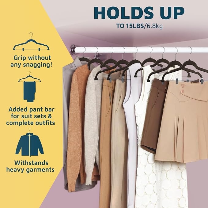 Lifemaster Velvet Skirt Hangers – with Adjustable Clips, 360 Degree Swivel Hook, and Non-Slip Shoulder Notch, Holds Up to 10 lbs, for Organizing Skirt, Pants, Dress, and Clothes, Pack of 30, Brown - Image 8