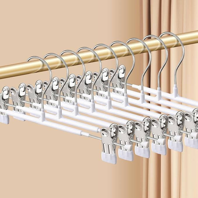 Pants Hangers with Clips Skirt Hangers, 12 Inch 30 Pack, White | Non-Slip,Adjustable metal clips,Space-Saving,Heavy duty, for pants/skirt/dress/trousers/jeans/shorts/leggings,Women,men by HWAJANClothesOrganizer