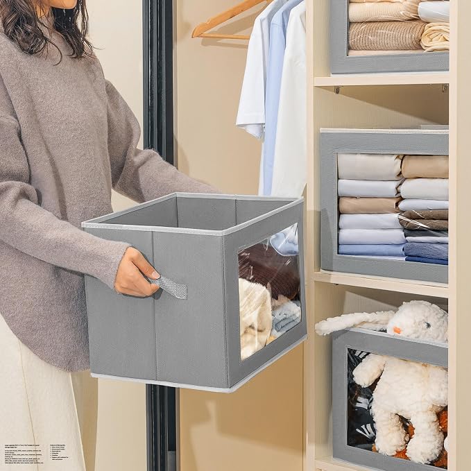 Storage Bins with Lids, 3 Pack Large Storage Cubes with Window, Closet Bins with Lids & Handles, Fabric Box for Organizing Clothes, Towels, Books, Grey - Image 6