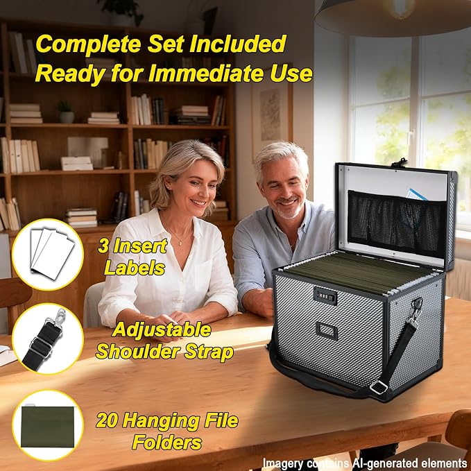 Hanging File Box for Letter, All-in-one set with 20 Folders | Portable Locking Filing Storage Box with Handle & Shoulder strap, Lockable File Cabinet Documents Safe, Lockbox Doc Organizer - Image 2
