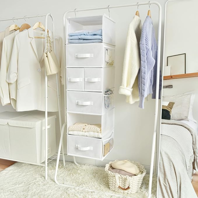 GRANNY SAYS Hanging Closet Organizer, 5 Drawers, 6 Shelves, 6 Pockets | Hanging Closet Organizer with 5 Different Drawer Designs, 6 Shelves & Reinforced Structure for Organized Small Space, Whites - Image 8