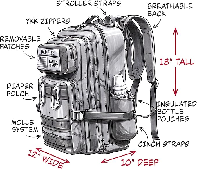 Dad Diaper Bag for Men with Dad Life Patches, Changing Pad | YKK Zippers, 2 Insulated Bottle Pouches, Adjustable Padded Back Straps, Cinch Straps, Stroller Straps, 9 Internal Pockets - Image 6