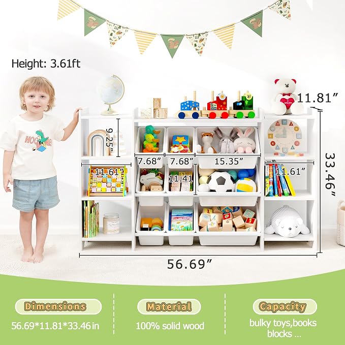 MallBest 57" Extra Wide Kids Bookshelf and Toy Storage Organizer, Solid Pine Wood Frame Playroom Organizer with 9 Bins, 4-Tier Toy Organizer for Kids Room, Nursery and Bedroom,White - Image 3